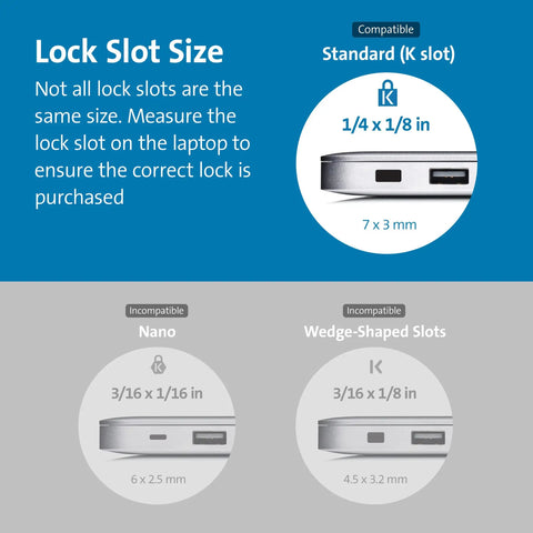 Image illustrating lock slot sizes for laptop security, showing compatible 1/4 x 1/8 inch K slot and incompatible options.