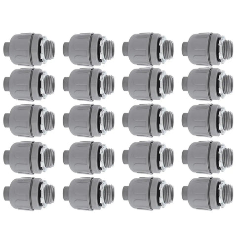 Tough As Nails 20 Pack Half Inch Npt Liquid Tight Conduit Connectors gray rugged nylon fittings displayed in rows.