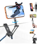 MagSafe Tripod Hook With Magnetic Back And Arca-Swiss Base holding phone with snowboarder, 360 degree rotation, one quarter inch screw, lanyard included.