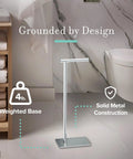 Freestanding Toilet Paper Holder Stand With Weighted Base In Modern Rectangle Chrome Finish For Bathroom Vanity A Must Have Upgrade You Can Move Anytime Grab And Go No Wall Mount Needed Sleek Contemporary Design in bathroom setting.
