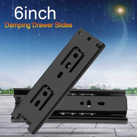 Close-up of 6-inch damping drawer slides, showcasing steel construction for Two Pack 45mm Steel Drawer Slides That Glide Like Butter Silky Smooth Dresser Metal Runners For File Cabinets Trash Cans And Kitchen Drawers Perfect For 4 Inch 6 Inch And 8 Inch Lengths.