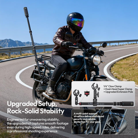Invisible Quick Release Selfie Stick Motorcycle Mount Kit With 40 Inch Adjustable Extension Pole And Dual Head Clamp