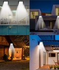 JUDYSSY Outdoor Led Floodlights with Remote Control illuminating various outdoor settings at night.