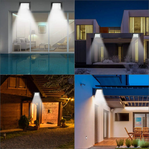 JUDYSSY Outdoor Led Floodlights with Remote Control illuminating various outdoor settings at night.