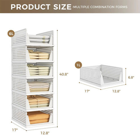 Six Pack Stackable Closet Organizers Bins For Clothes Plastic Drawer Baskets For Wardrobe Shelf Storage Containers For Bedroom Bathroom Office White Great For Organizing Drawers And Shelves shown stacked with dimensions
