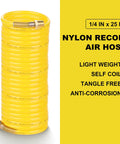 Heavy Duty Coiled Air Compressor Hose 1/4 Inch X 25 Foot Lightweight Nylon Design With Brass Fittings displayed coiled and ready for use.