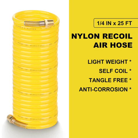 Heavy Duty Coiled Air Compressor Hose 1/4 Inch X 25 Foot Lightweight Nylon Design With Brass Fittings displayed coiled and ready for use.