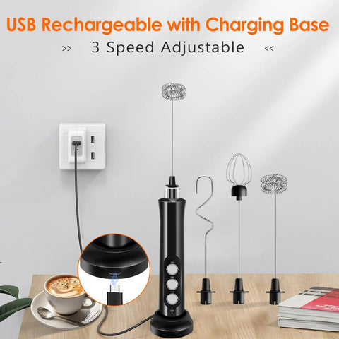 Rechargeable Milk Frother Handheld With 3 Detachable Stainless Steel Whisks 3 Speed Adjustable Electric Whisk Foam Maker