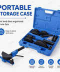 Portable storage case containing tools and dies for Heavy Duty Ratcheting Tubing Bender Kit For Copper Aluminum Piping.