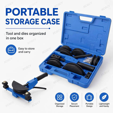 Portable storage case containing tools and dies for Heavy Duty Ratcheting Tubing Bender Kit For Copper Aluminum Piping.