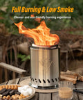 Tabletop Fire Pit With Low Smoke Design for Outdoors And Patio Burns Pellets Or Wood Portable Stove shown on patio table