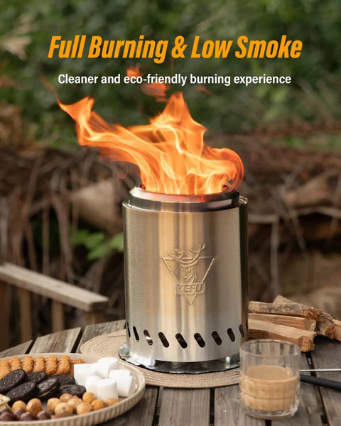 Tabletop Fire Pit With Low Smoke Design for Outdoors And Patio Burns Pellets Or Wood Portable Stove shown on patio table