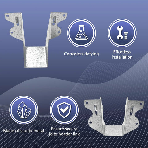 2x4 Joist Hangers For Wood 20 Gauge Galvanized Face Mount Bracket Set For Deck Floor Rafter Framing Ceiling Built Tough Heavy Duty Construction Grade Zinc Coated Steel 6 Pack, showing two galvanized brackets with installation icons on blue background