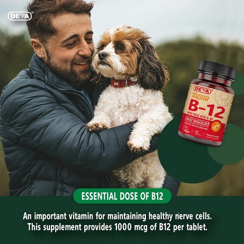 High Potency Vegan B12 Tablets With Folic Acid and B6 For Steady Energy And Brain Boost Fast Dissolving Tabs To Help You Power Through Your Daily Grind And Slam Fatigue Shut 90 Count with a man and dog
