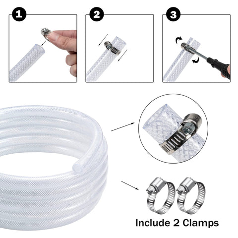 Clear braided PVC tubing, 1-in ID, 25 ft, with two stainless steel clamps