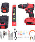 Reliable Cordless Drill Featuring A Brushless Motor And Twin Batteries For No Sweat Drilling 25 Plus One Torque Settings At 1500 RPM, drill, batteries, accessories.