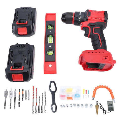 Reliable Cordless Drill Featuring A Brushless Motor And Twin Batteries For No Sweat Drilling 25 Plus One Torque Settings At 1500 RPM, drill, batteries, accessories.
