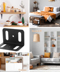 Heavy Duty Metal Corner Brackets L Shaped Right Angle Braces For Tables And Bed Corners Versatile Home Improvement Hardware Easy To Install Durable Shelf And Frame Supports For Any Project. Black bracket displayed with furniture examples.