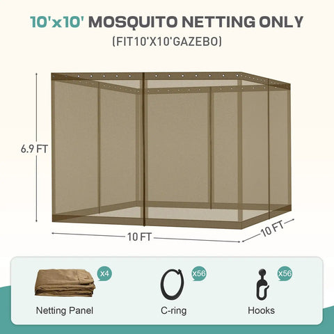 10x10 Ft Gazebo Mosquito Netting Replacement Four Panel Sidewalls With Two Way Zippers For Patio Backyard Deck And Lawn Netting Only Brown Durable 100 Percent Nylon Fabric For Outdoor Use