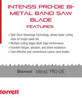 Intenss PRO-DIE Bi-Metal Band Saw Blade features, highlighting cutting technology and performance benefits for durability.
