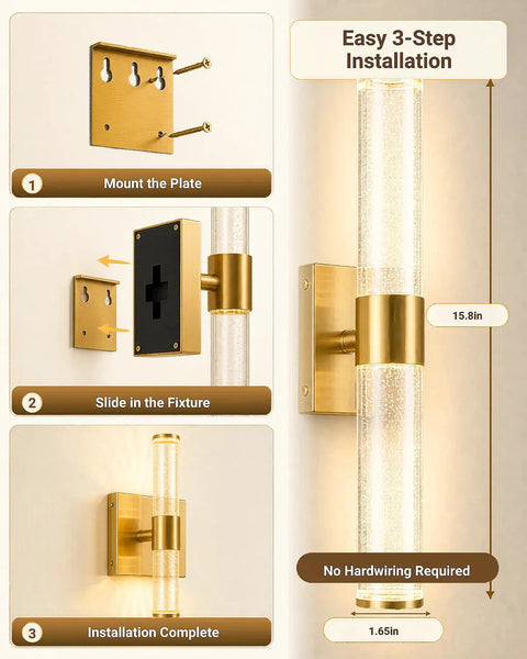 Installation steps for Two Pack Battery Operated Wall Sconces with 16000mAh Rechargeable Battery, gold finish, 15.8 inch size.