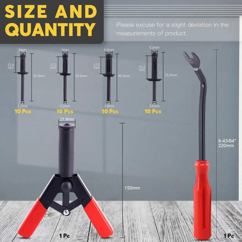Rivet Gun Set With 40 Nylon Blind Rivets In 4 Sizes And 1 Fastener Removal Tool Hand Riveter Kit displayed on a wooden surface