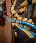 8 Inch Long Nose Wire Cutter Multi Tool With Wire Stripper And Crimper For Electricians in use, made in USA, close-up