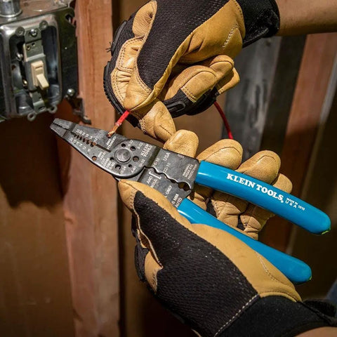 8 Inch Long Nose Wire Cutter Multi Tool With Wire Stripper And Crimper For Electricians in use, made in USA, close-up
