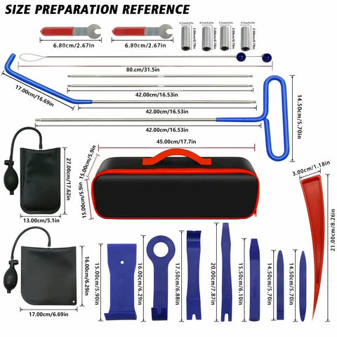 22 Piece Automotive Tool Kit For Everyday Car Maintenance with Portable Carry Bag showing tool dimensions and design