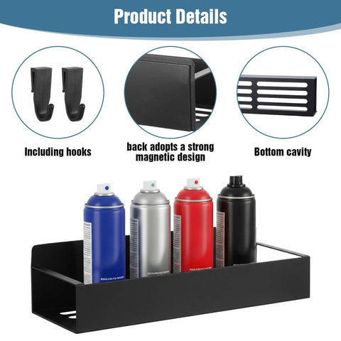 Four Magnetic Spray Can Holders Wall Mounted Tool Rack with hooks and bottom cavity, displaying spray cans