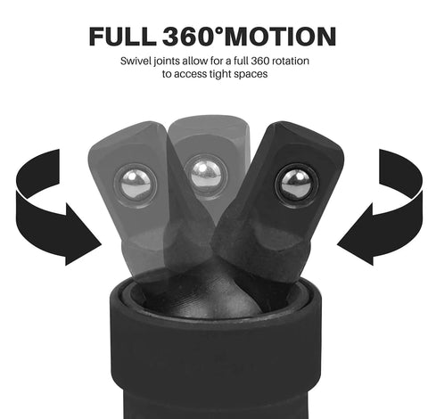 Full 360° motion swivel joint from 18 Piece Heavy Duty Pro Grade Drive Tool Accessory Set With Extension Bars Socket Adapters Swivel Universal Joints And Impact Coupler For One Quarter Inch Three Eighths Inch And One Half Inch Drives