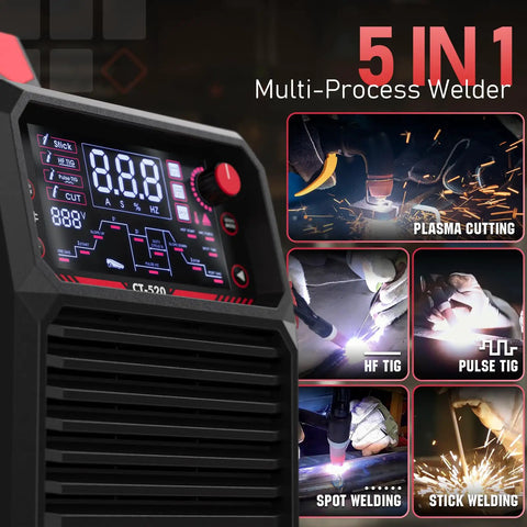 Five In One Tig Welder and Plasma Cutter with control panel and various welding settings displayed.