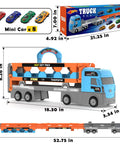 Image of 2-in-1 Foldable Race Track Truck Playset for Kids Ages 4 to 8, showing the truck and track dimensions, 8 mini cars included.