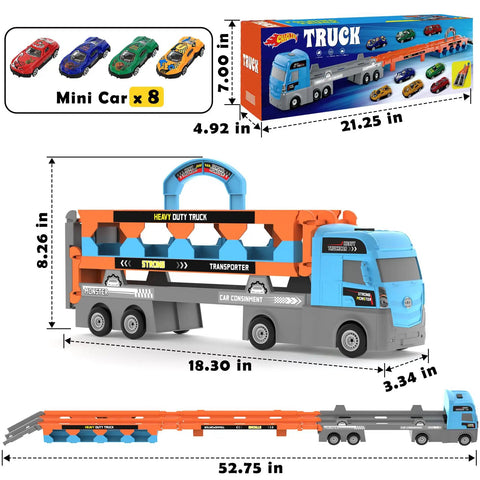 Image of 2-in-1 Foldable Race Track Truck Playset for Kids Ages 4 to 8, showing the truck and track dimensions, 8 mini cars included.