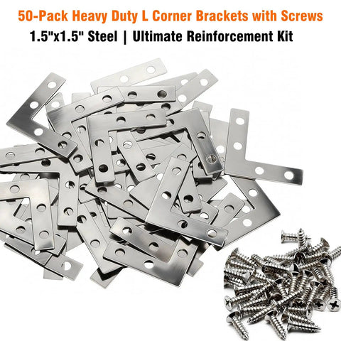 Heavy Duty Steel L Shape Corner Brackets 1.5 Inch Rock Solid Furniture Shelf Braces with mounting screws for DIY projects.