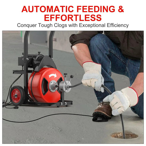 Beat Stubborn Clogs Dead To Rights With This 100ft Auto Feed Sewer Snake Machine showing automatic feeding in use.