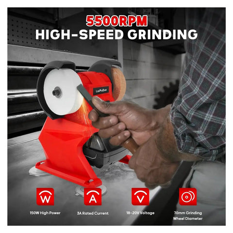 Heavy-Duty Cordless Bench Grinder With Dual Wheels For Metal Polishing And Sharpening High Speed 5500Rpm in action sharpening a tool.