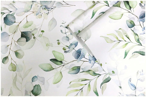 Easy Peel And Stick Boho Eucalyptus Green And White Floral Wallpaper For Walls Renter Friendly, roll detail view