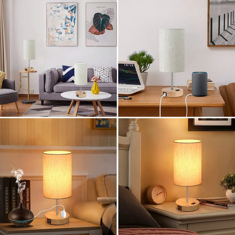 Table Lamps Set Of 2 With Touch Control, 2 USB Ports And AC Outlet, 3-Way Dimmable Bedside Lamps With Flaxen Fabric Shade, Wooden Base