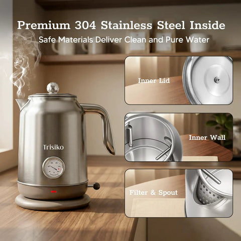 1.7L Large Electric Kettle With Thermometer, 1200W Fast Boil, Auto Shut Off, 304 Stainless Steel, showing design features