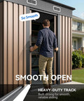 Person opening a brown 6x4Ft outdoor storage shed with lockable sliding door in backyard, showcasing garden shed functionality.