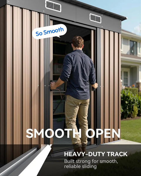 Person opening a brown 6x4Ft outdoor storage shed with lockable sliding door in backyard, showcasing garden shed functionality.