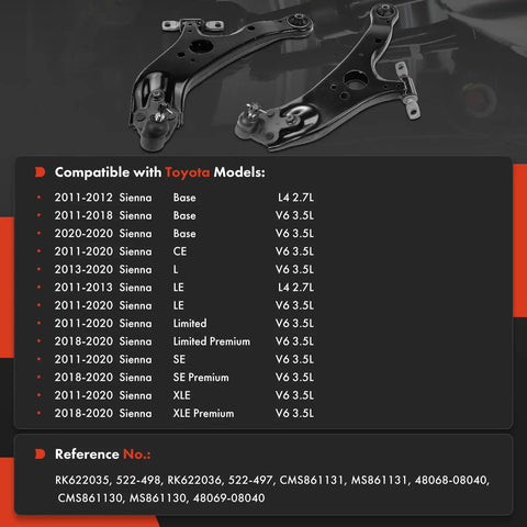 Front Lower Control Arm With Ball Joint And Bushing For Toyota Sienna 2011 2012 2013 2014 2015 2016 2017 2018 2019 2020 Front Left And Right Driver And Passenger Side Replacement Easy Install Premium Aftermarket Quality, black steel pair