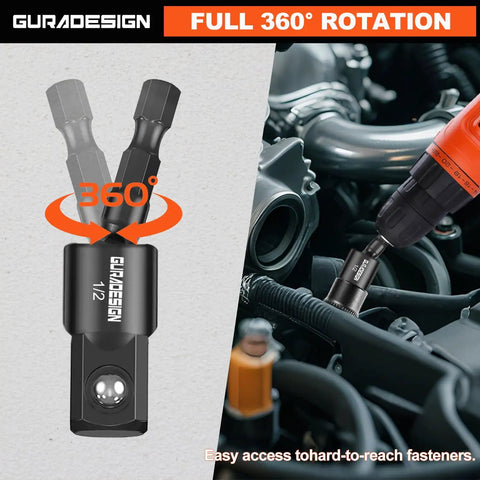 Nine Piece Beefy Impact Drill Socket Adapters Set With Universal Joints For One Quarter Inch Three Eighths Inch And One Half Inch Drive Includes Magnetic Bit Holder And Bit Extension In Chromium Vanadium Steel For Heavy Duty Auto And DIY Projects demonstrating full 360 rotation in engine bay.