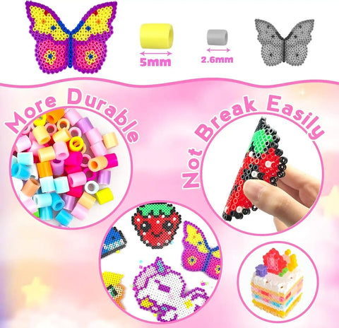 Ultimate 5mm Fuse Beads Kit For Kids Crafts With 48 Colors showcasing butterfly, fruit, cake designs with durable beads.