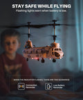Rugged Military Transport RC Helicopter With Altitude Hold And One Key Takeoff Landing Twin Rotor Design LED Lights flying indoors.