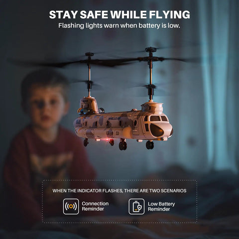 Rugged Military Transport RC Helicopter With Altitude Hold And One Key Takeoff Landing Twin Rotor Design LED Lights flying indoors.