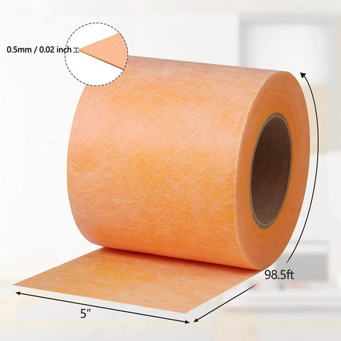 Waterproof Tile Underlayment Membrane For Shower And Bathroom Floors With Heavy Duty PE Fabric Uncoupling Barrier 5 Inch By 100 Foot Roll Anti Seepage Durable Floor Prep No Fuss Install, shown in roll form with thickness dimensions.