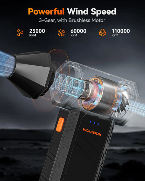 Diagram of MegaFlow 50 Compressed Air Duster showing 3 gear levels with 110000 RPM turbo power for PC and home cleaning.