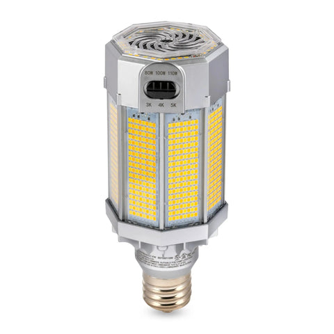 Built Different Heavy Duty LED Post Top Light, Wattage Selectable 80W 100W 110W, smooth dimmable EX39 mogul base bulb in silver and yellow.